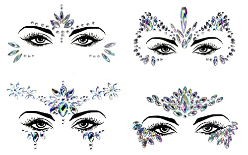 4Pcs Glitzersteine Gesicht, Edelsteine Aufkleber, Festival Tattoos Strasssteine Gesicht, Gesicht Edelstein Aufkleber Temporär Strass Aufkleber für Halloween, Karneval Schminke, Make-Up Abschlussball von scalingscal