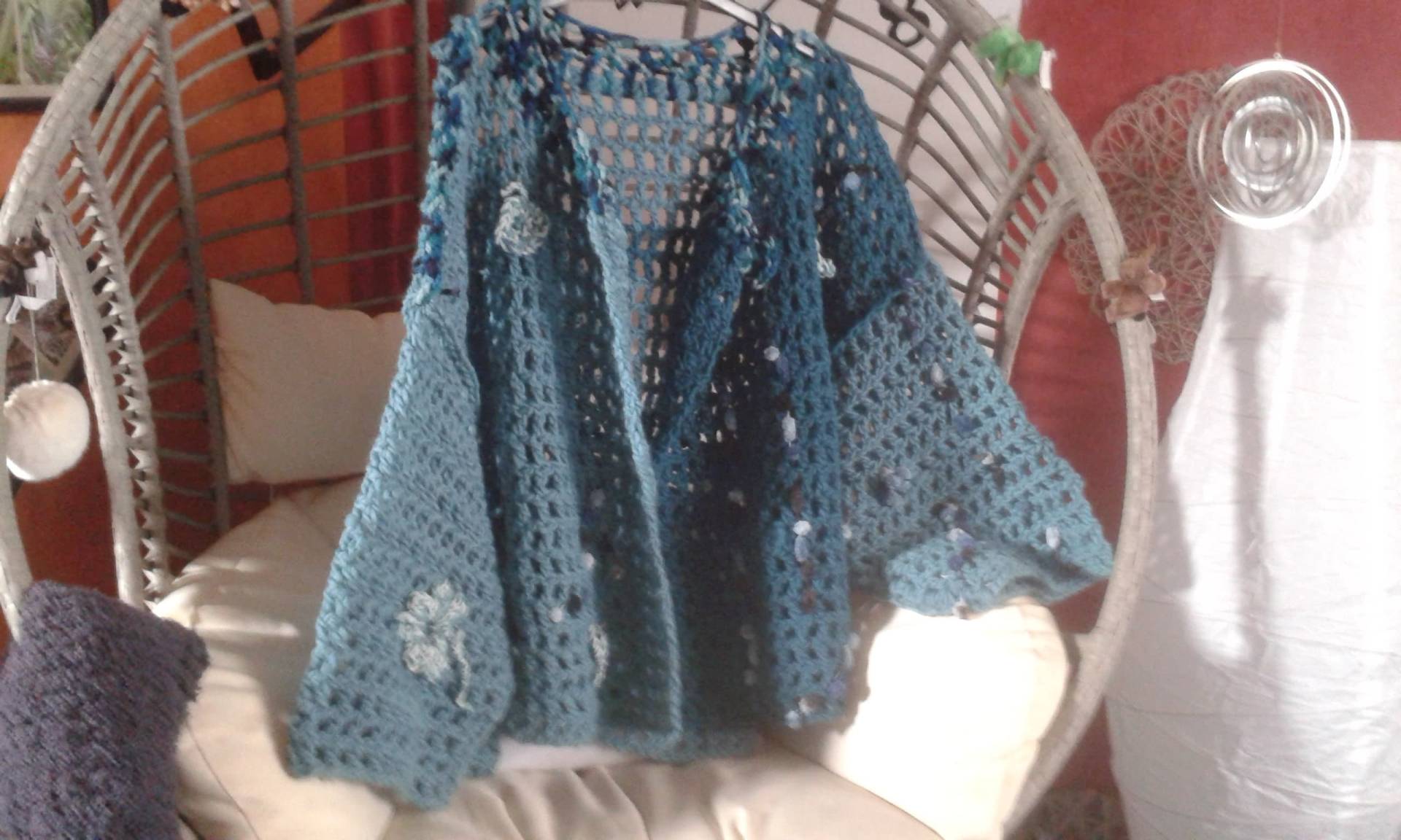 Oversized Ausgefallene Jacke Gehäkelt Türkis Schurwolle Gr.40 - 46 von schattengalerie