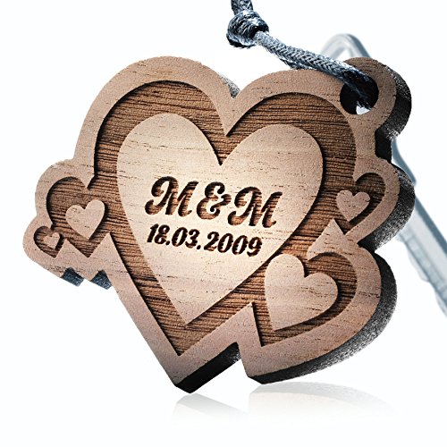 schenkYOU® Herz Schlüsselanhänger aus Echtholz mit Gravur – Ihr Wunschtext + Symbol – Ein ganz persönlich Anhänger graviert – Tolles Geschenk von schenkYOU®