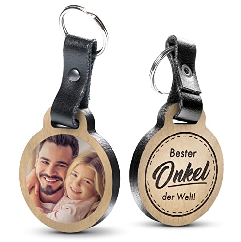 Premium „Bester Onkel der Welt!“ - Foto-Schlüsselanhänger aus Eichenholz mit dunklem Echtleder und Gravur - personalisierte Geschenkidee zu für Muttertag von schenkYOU