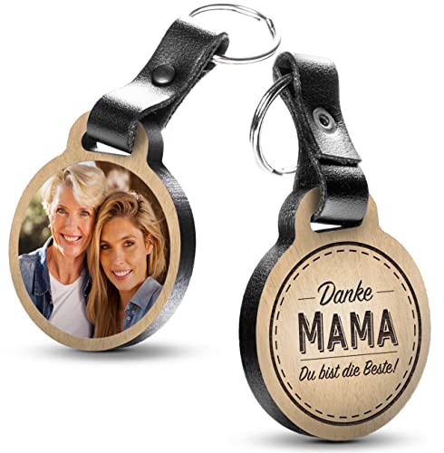 Premium „Danke Mama - Du bist die Beste“ - Foto-Schlüsselanhänger aus Eichenholz mit dunklem Echtleder und Gravur - personalisierte Geschenkidee zu für Muttertag von schenkYOU