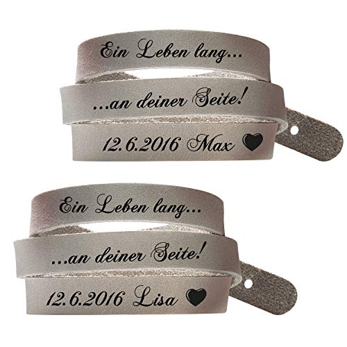 schenkYOU® Partner-Set Wickelarmbänder in Schlammgrau mit Gravur gestalten - Echt Lederarmbänder mit Ihrem Wunschtext graviert - Partnerschmuck als individuelles Geschenk für Muttertag von schenkYOU