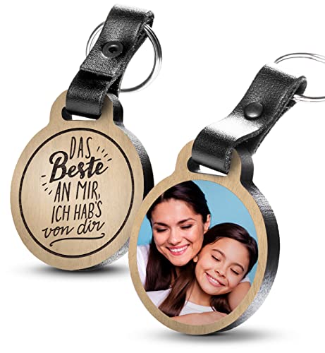 schenkYOU Premium Schlüsselanhänger mit Foto aus Eichenholz und dunklem Echtleder - personalisierte Geschenkidee zu für Muttertag - Gravur „Das Beste an mir, ich hab’s von dir“ von schenkYOU