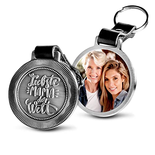 schenkYOU Premium Schlüsselanhänger mit Foto aus Metall und dunklem Echtleder - personalisierte Geschenkidee zu für Muttertag - Gravur „Liebste Mama der Welt“ von schenkYOU