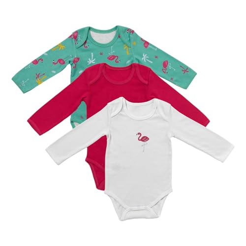 schlummersack Baby Body Langarm Set Mädchen Flamingo Größe 62 0-3 Monate | 3 Stück Baby Body Mädchen 100% Bio Baumwolle | Babybody Langarm Set Set - Body Babys Mädchen mit Knöpfe Pack von schlummersack