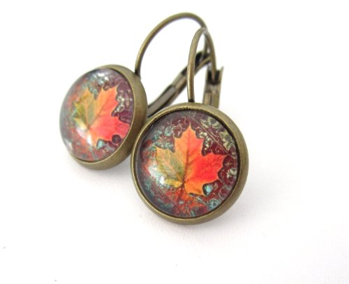 Herbst Blatt Motiv Cabochon Ohrringe Damen Modeschmuck Ohrhänger bronze-farben von schmuck-stadt