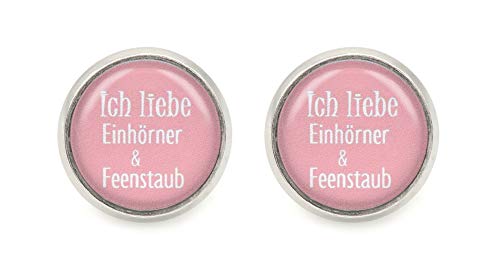 " Ich liebe Einhörner & Feenstaub " Spruch Motiv Cabochon Ohrstecker silberfarben Ohrringe von schmuck-stadt