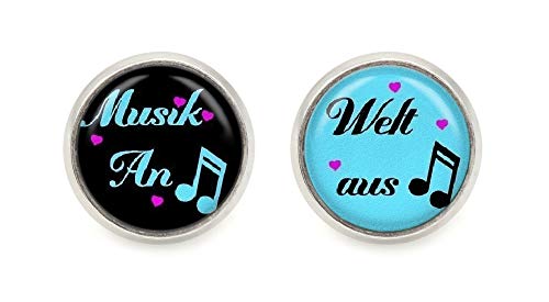 Damen Herren Unisex Ohrstecker Cabochon " Musik an - Welt aus " silberfarben Ohrringe von schmuck-stadt