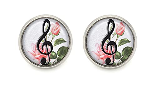 Notenschlüssel mit Rose Motiv Cabochon Ohrstecker 12mm silberfarben Ohrringe von schmuck-stadt