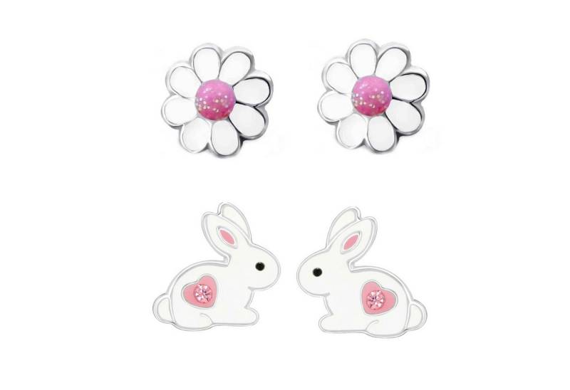 schmuck23 Ohrstecker-Set 2 x Kinder Ohrringe Hase Gänseblümchen 925 Silber Ostern (Geschenkset, Set aus 2 Paar Ohrringen), Mädchen Kinderschmuck 4 x Silikonverschluß extra von schmuck23
