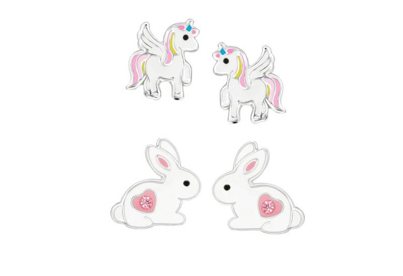 schmuck23 Ohrstecker-Set 2 x Kinder Ohrringe Hase Einhorn 925 Silber Ostern (Geschenkset, Set aus 2 Paar Ohrringen), Mädchen Kinderschmuck 4 x Silikonverschluß extra von schmuck23
