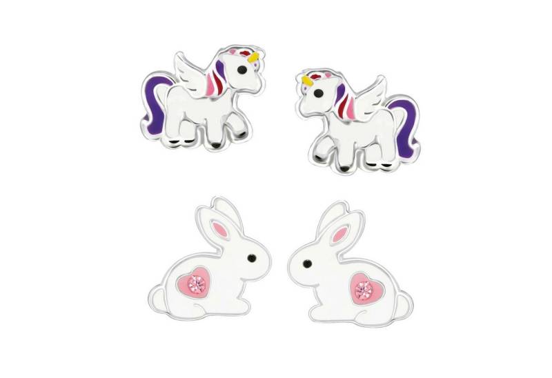 schmuck23 Ohrstecker-Set 2 x Kinder Ohrringe Hase Einhorn 925 Silber Ostern (Geschenkset, Set aus 2 Paar Ohrringen), Mädchen Kinderschmuck 4 x Silikonverschluß extra von schmuck23