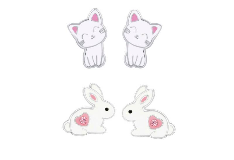 schmuck23 Ohrstecker-Set 2 x Kinder Ohrringe Hase weisse Katze 925 Silber Ostern (Geschenkset, Set aus 2 Paar Ohrringen), Mädchen Kinderschmuck 4 x Silikonverschluß extra von schmuck23