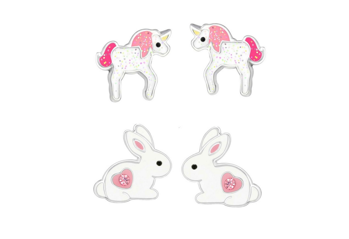 schmuck23 Ohrstecker-Set 2 x Kinder Ohrringe Hase Einhorn 925 Silber Ostern (Geschenkset, Set aus 2 Paar Ohrringen), Mädchen Kinderschmuck 4 x Silikonverschluß extra von schmuck23