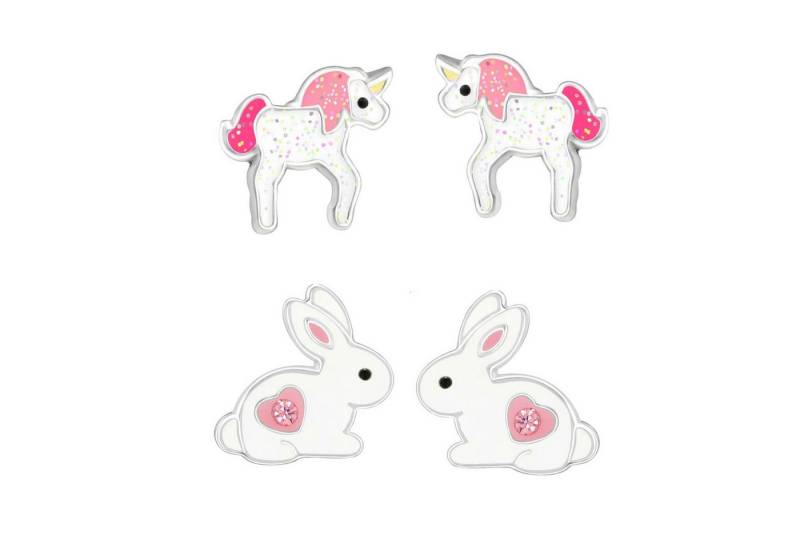 schmuck23 Ohrstecker-Set 2 x Kinder Ohrringe Hase Einhorn 925 Silber Ostern (Geschenkset, Set aus 2 Paar Ohrringen), Mädchen Kinderschmuck 4 x Silikonverschluß extra von schmuck23