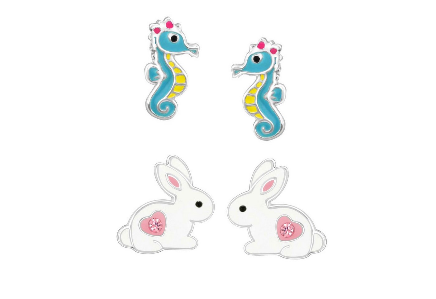 schmuck23 Ohrstecker-Set 2 x Kinder Ohrringe Hase blaues Seepferdchen 925 Silber Ostern (Geschenkset, Set aus 2 Paar Ohrringen), Mädchen Kinderschmuck 4 x Silikonverschluß extra von schmuck23