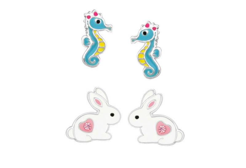 schmuck23 Ohrstecker-Set 2 x Kinder Ohrringe Hase blaues Seepferdchen 925 Silber Ostern (Geschenkset, Set aus 2 Paar Ohrringen), Mädchen Kinderschmuck 4 x Silikonverschluß extra von schmuck23