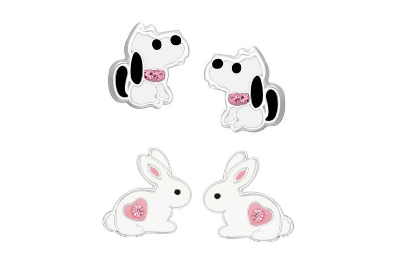 schmuck23 Ohrstecker-Set 2 x Kinder Ohrringe Hase weisser Hund 925 Silber Ostern (Geschenkset, Set aus 2 Paar Ohrringen), Mädchen Kinderschmuck 4 x Silikonverschluß extra von schmuck23