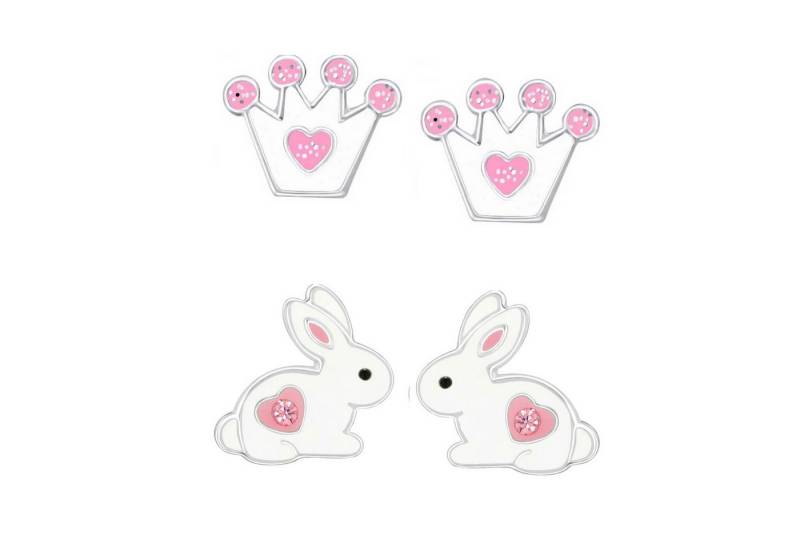 schmuck23 Ohrstecker-Set 2 x Kinder Ohrringe Hase Krone weiss 925 Silber Ostern (Geschenkset, Set aus 2 Paar Ohrringen), Mädchen Kinderschmuck 4 x Silikonverschluß extra von schmuck23
