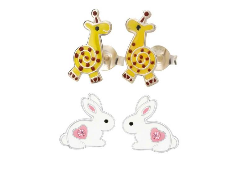 schmuck23 Ohrstecker-Set 2 x Kinder Ohrringe Hase Giraffe 925 Silber Ostern (Geschenkset, Set aus 2 Paar Ohrringen), Mädchen Kinderschmuck 4 x Silikonverschluß extra von schmuck23