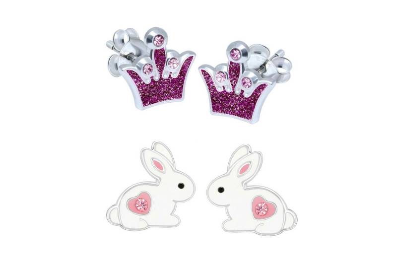 schmuck23 Ohrstecker-Set 2 x Kinder Ohrringe Krone magenta 925 Silber Ostern (Geschenkset, Set aus 2 Paar Ohrringen), Mädchen Kinderschmuck 4 x Silikonverschluß extra von schmuck23