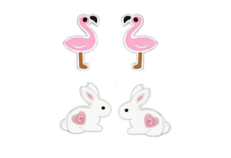 schmuck23 Ohrstecker-Set 2 x Kinder Ohrringe Hase Flamingo 925 Silber Ostern (Geschenkset, Set aus 2 Paar Ohrringen), Mädchen Kinderschmuck 4 x Silikonverschluß extra von schmuck23