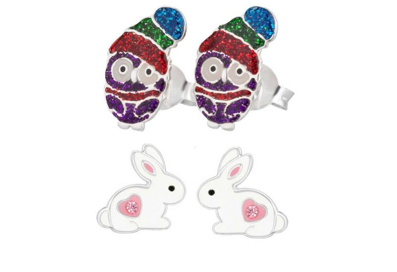 schmuck23 Ohrstecker-Set 2 x Kinder Ohrringe Hase Eule Mütze 925 Silber Ostern (Geschenkset, Set aus 2 Paar Ohrringen), Mädchen Kinderschmuck 4 x Silikonverschluß extra von schmuck23