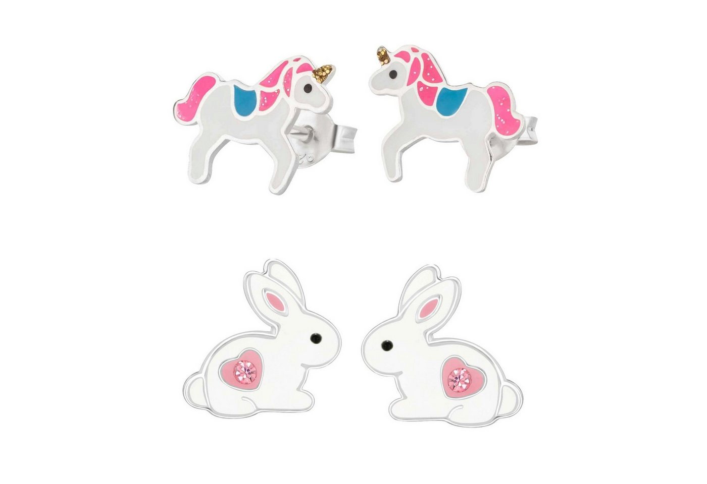 schmuck23 Ohrstecker-Set 2 x Kinder Ohrringe Hase Einhorn bunt 925 Silber Ostern (Geschenkset, Set aus 2 Paar Ohrringen), Mädchen Kinderschmuck 4 x Silikonverschluß extra von schmuck23