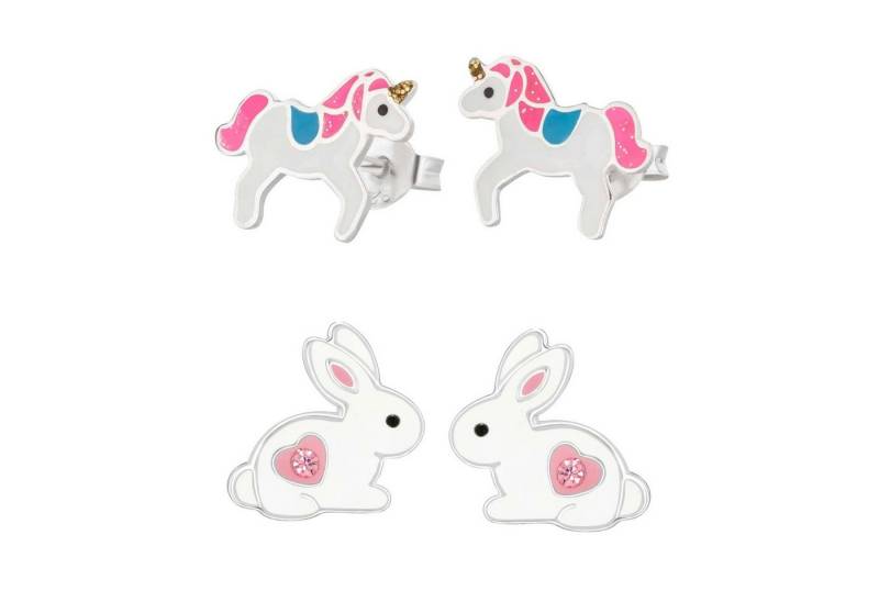 schmuck23 Ohrstecker-Set 2 x Kinder Ohrringe Hase Einhorn bunt 925 Silber Ostern (Geschenkset, Set aus 2 Paar Ohrringen), Mädchen Kinderschmuck 4 x Silikonverschluß extra von schmuck23