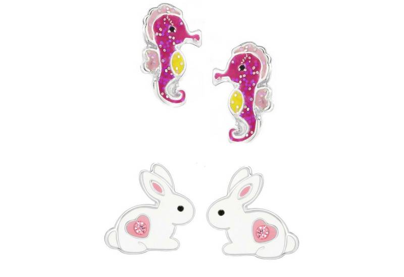 schmuck23 Ohrstecker-Set 2 x Kinder Ohrringe Hase pinkes Seepferdchen 925 Silber Ostern (Geschenkset, Set aus 2 Paar Ohrringen), Mädchen Kinderschmuck 4 x Silikonverschluß extra von schmuck23