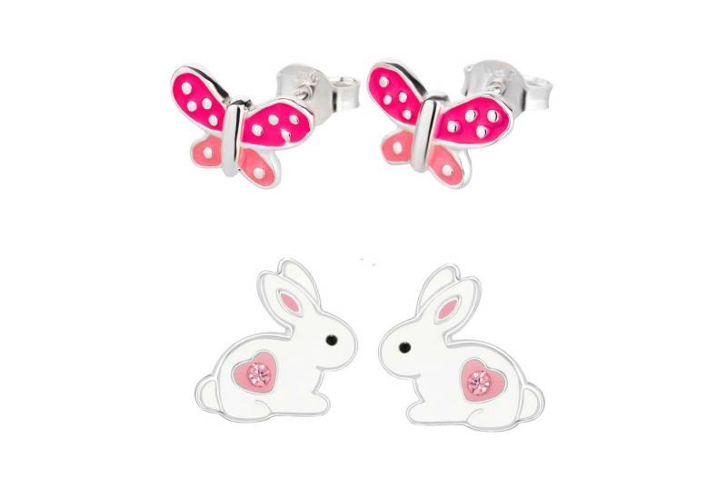 schmuck23 Ohrstecker-Set 2 x Kinder Ohrringe Hase Schmetterling pink 925 Silber Ostern (Geschenkset, Set aus 2 Paar Ohrringen), Mädchen Kinderschmuck 4 x Silikonverschluß extra von schmuck23