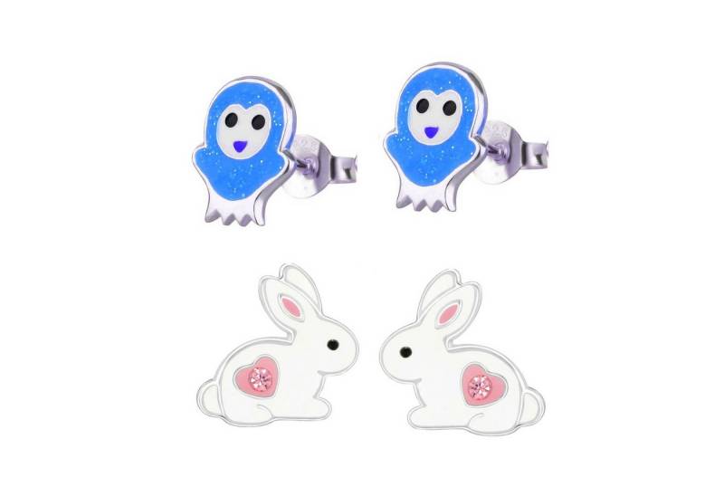 schmuck23 Ohrstecker-Set 2 x Kinder Ohrringe Hase blaue Eule 925 Silber Ostern (Geschenkset, Set aus 2 Paar Ohrringen), Mädchen Kinderschmuck 4 x Silikonverschluß extra von schmuck23