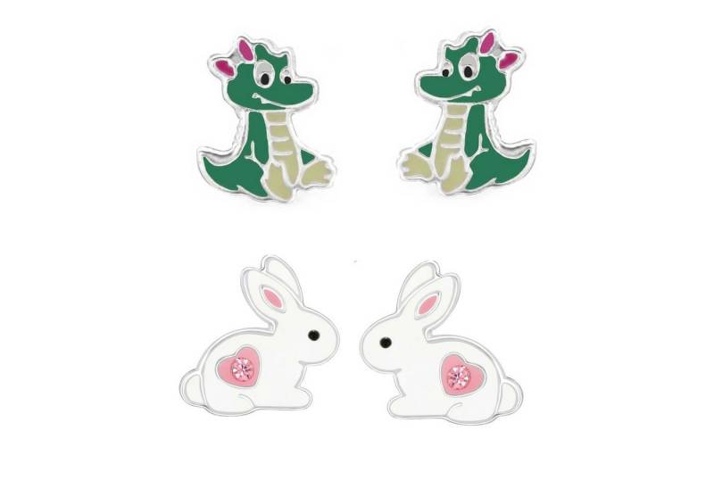 schmuck23 Ohrstecker-Set 2 x Kinder Ohrringe Hase Krokodil 925 Silber Ostern (Geschenkset, Set aus 2 Paar Ohrringen), Mädchen Kinderschmuck 4 x Silikonverschluß extra von schmuck23