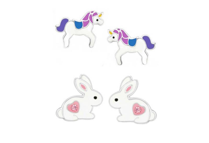 schmuck23 Ohrstecker-Set 2 x Kinder Ohrringe Hase Einhorn bunt 925 Silber Ostern (Geschenkset, Set aus 2 Paar Ohrringen), Mädchen Kinderschmuck 4 x Silikonverschluß extra von schmuck23