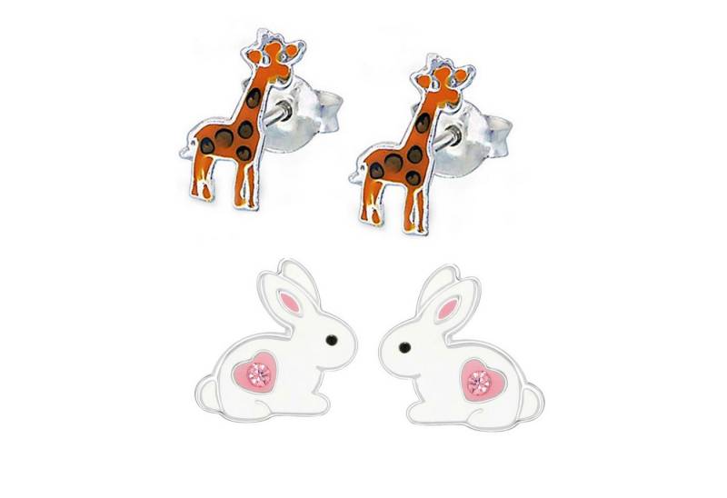 schmuck23 Ohrstecker-Set 2 x Kinder Ohrringe Hase Giraffe 925 Silber Ostern (Geschenkset, Set aus 2 Paar Ohrringen), Mädchen Kinderschmuck 4 x Silikonverschluß extra von schmuck23