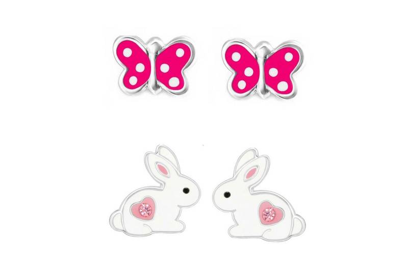 schmuck23 Ohrstecker-Set 2 x Kinder Ohrringe Hase Schmetterling 925 Silber Ostern (Geschenkset, Set aus 2 Paar Ohrringen), Mädchen Kinderschmuck 4 x Silikonverschluß extra von schmuck23