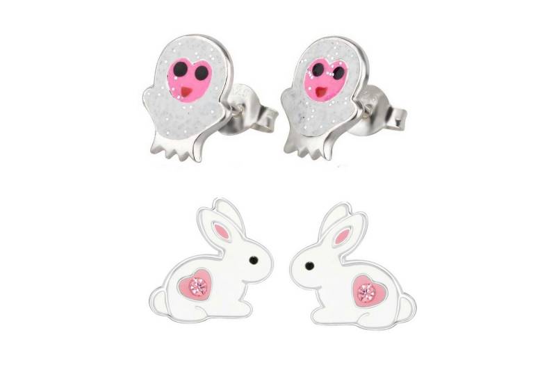 schmuck23 Ohrstecker-Set 2 x Kinder Ohrringe Hase Eule weiß 925 Silber Ostern (Geschenkset, Set aus 2 Paar Ohrringen), Mädchen Kinderschmuck 4 x Silikonverschluß extra von schmuck23