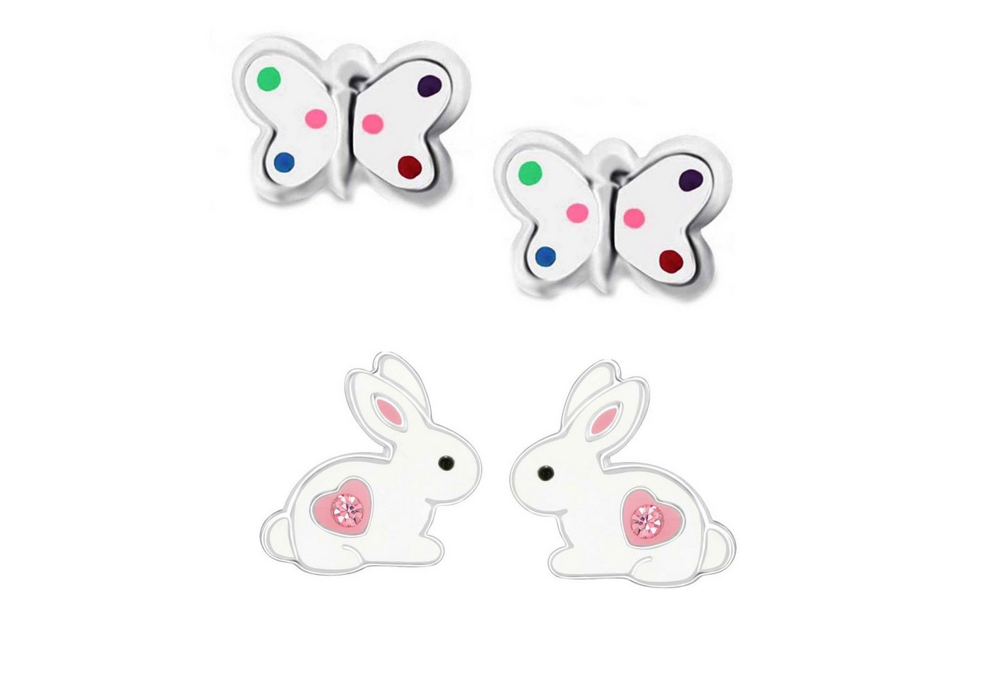 schmuck23 Ohrstecker-Set 2 x Kinder Ohrringe Hase Schmetterling bunt 925 Silber Ostern (Geschenkset, Set aus 2 Paar Ohrringen), Mädchen Kinderschmuck 4 x Silikonverschluß extra von schmuck23