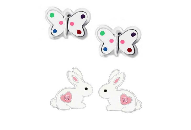 schmuck23 Ohrstecker-Set 2 x Kinder Ohrringe Hase Schmetterling bunt 925 Silber Ostern (Geschenkset, Set aus 2 Paar Ohrringen), Mädchen Kinderschmuck 4 x Silikonverschluß extra von schmuck23