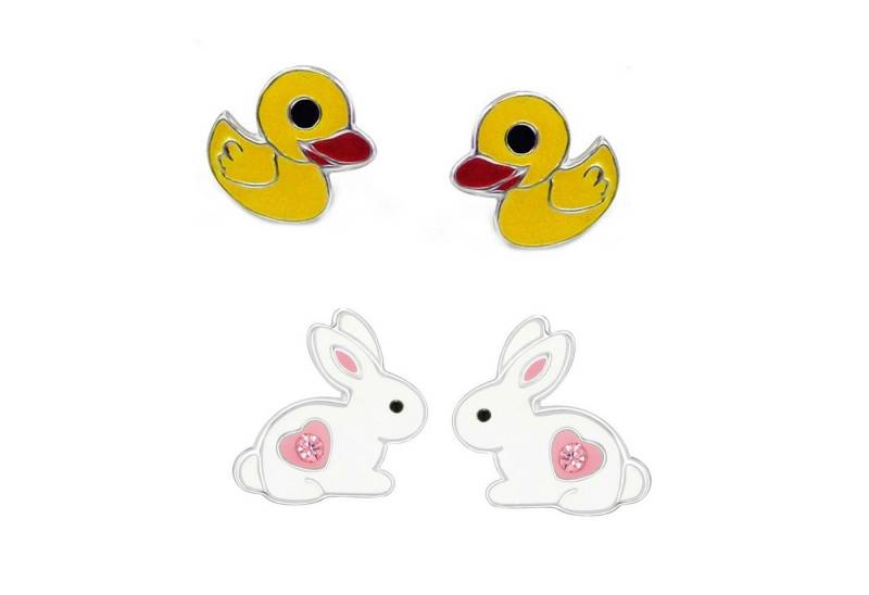 schmuck23 Ohrstecker-Set 2 x Kinder Ohrringe Hase Ente 925 Silber Ostern (Geschenkset, Set aus 2 Paar Ohrringen), Mädchen Kinderschmuck 4 x Silikonverschluß extra von schmuck23