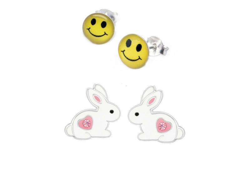 schmuck23 Ohrstecker-Set 2 x Kinder Ohrringe Hase Smily 925 Silber Ostern (Geschenkset, Set aus 2 Paar Ohrringen), Mädchen Kinderschmuck 4 x Silikonverschluß extra von schmuck23