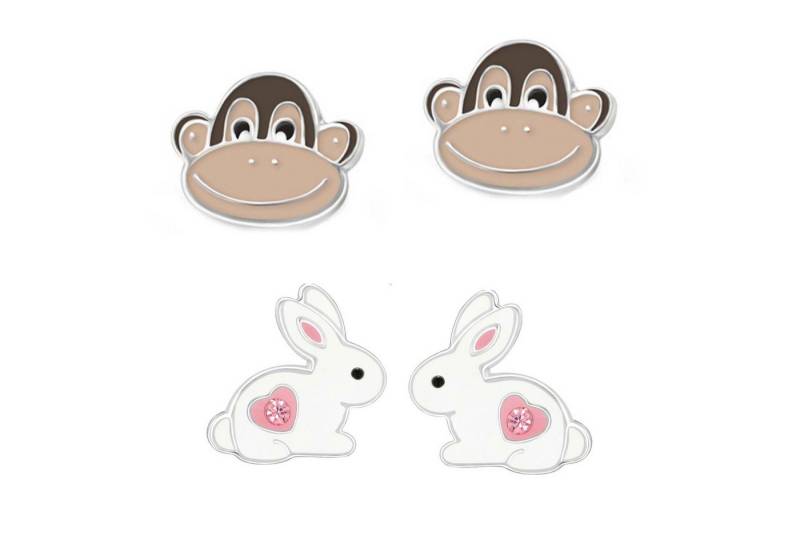 schmuck23 Ohrstecker-Set 2 x Kinder Ohrringe Hase Affe 925 Silber Ostern (Geschenkset, Set aus 2 Paar Ohrringen), Mädchen Kinderschmuck 4 x Silikonverschluß extra von schmuck23