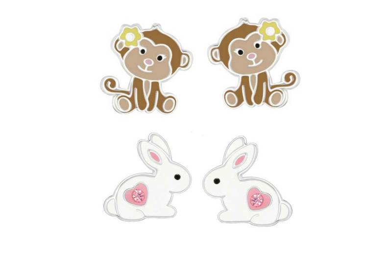 schmuck23 Ohrstecker-Set 2 x Kinder Ohrringe Hase Affe 925 Silber Ostern (Geschenkset, Set aus 2 Paar Ohrringen), Mädchen Kinderschmuck 4 x Silikonverschluß extra von schmuck23