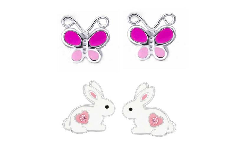schmuck23 Ohrstecker-Set 2 x Kinder Ohrringe Hase Schmetterling 925 Silber Ostern (Geschenkset, Set aus 2 Paar Ohrringen), Mädchen Kinderschmuck 4 x Silikonverschluß extra von schmuck23