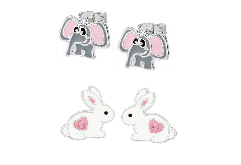 schmuck23 Ohrstecker-Set 2 x Kinder Ohrringe Hase Elefant 925 Silber Ostern (Geschenkset, Set aus 2 Paar Ohrringen), Mädchen Kinderschmuck 4 x Silikonverschluß extra von schmuck23