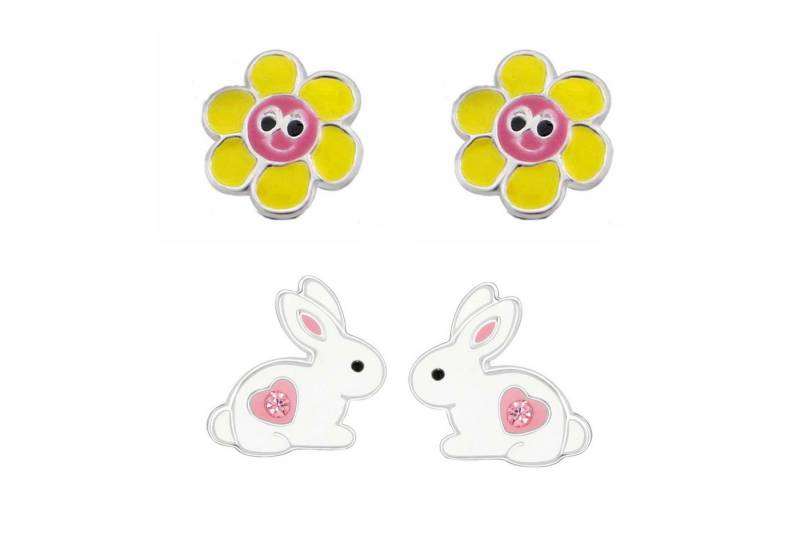 schmuck23 Ohrstecker-Set 2 x Kinder Ohrringe Hase Sonnenblume 925 Silber Ostern (Geschenkset, Set aus 2 Paar Ohrringen), Mädchen Kinderschmuck 4 x Silikonverschluß extra von schmuck23