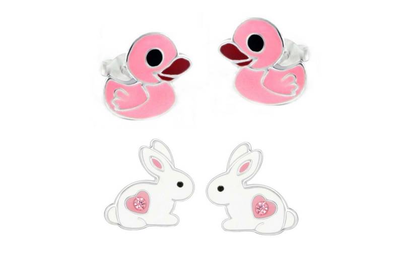 schmuck23 Ohrstecker-Set 2 x Kinder Ohrringe Hase pinke Ente 925 Silber Ostern (Geschenkset, Set aus 2 Paar Ohrringen), Mädchen Kinderschmuck 4 x Silikonverschluß extra von schmuck23