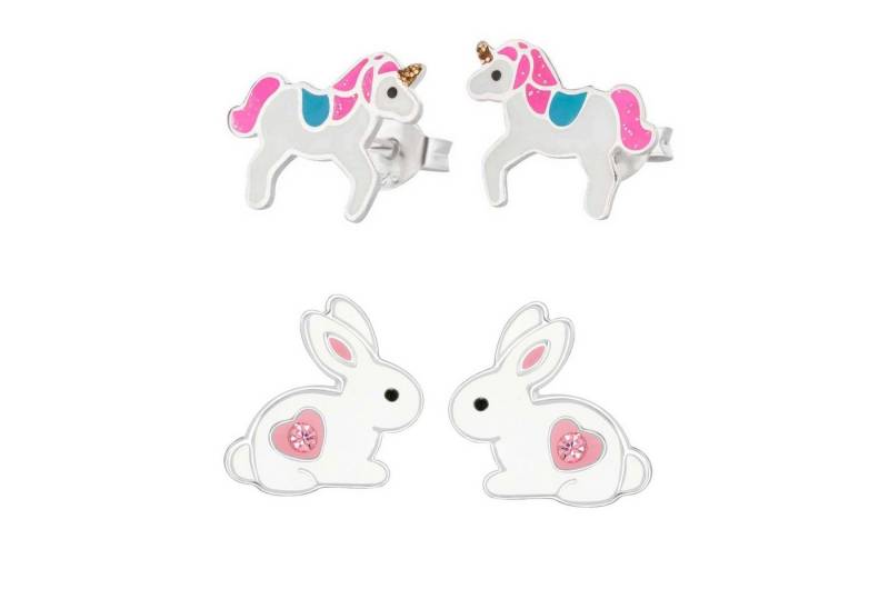 schmuck23 Ohrstecker-Set 2 x Kinder Ohrringe Hase Einhorn 925 Silber Ostern (Geschenkset, Set aus 2 Paar Ohrringen), Mädchen Kinderschmuck 4 x Silikonverschluß extra von schmuck23