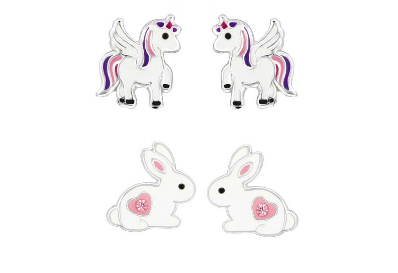 schmuck23 Ohrstecker-Set 2 x Kinder Ohrringe Hase Einhorn 925 Silber Ostern (Geschenkset, Set aus 2 Paar Ohrringen), Mädchen Kinderschmuck 4 x Silikonverschluß extra von schmuck23