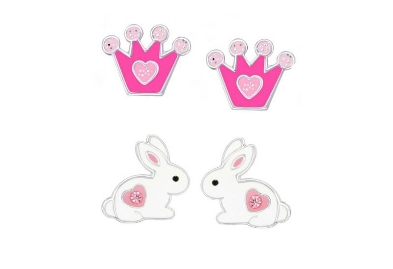 schmuck23 Ohrstecker-Set 2 x Kinder Ohrringe Hase pinke Krone 925 Silber Ostern (Geschenkset, Set aus 2 Paar Ohrringen), Mädchen Kinderschmuck 4 x Silikonverschluß extra von schmuck23